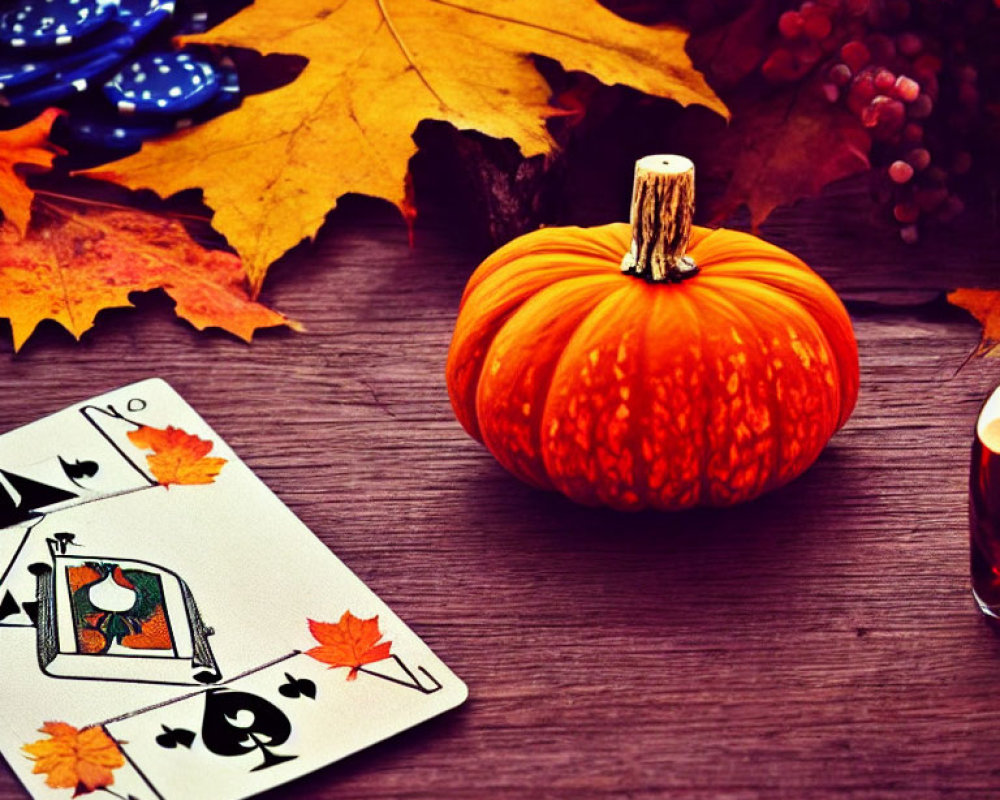 Colorful autumn still life with pumpkin, leaves, cards, and candle