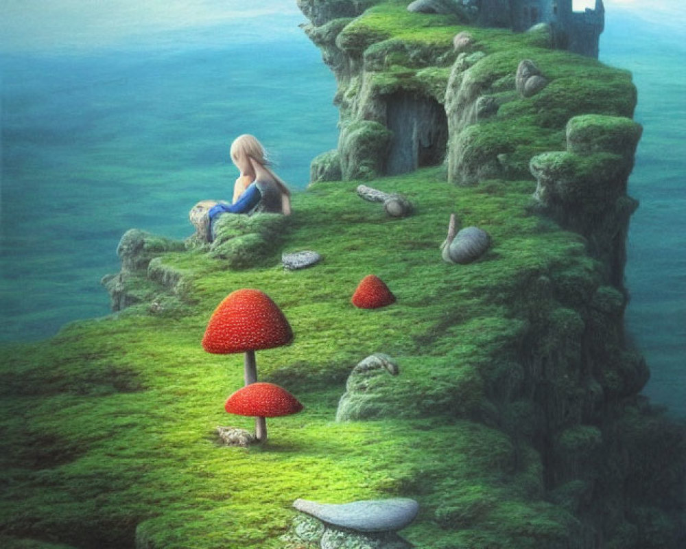 Fantastical landscape with two women, giant mushrooms, and distant castle.