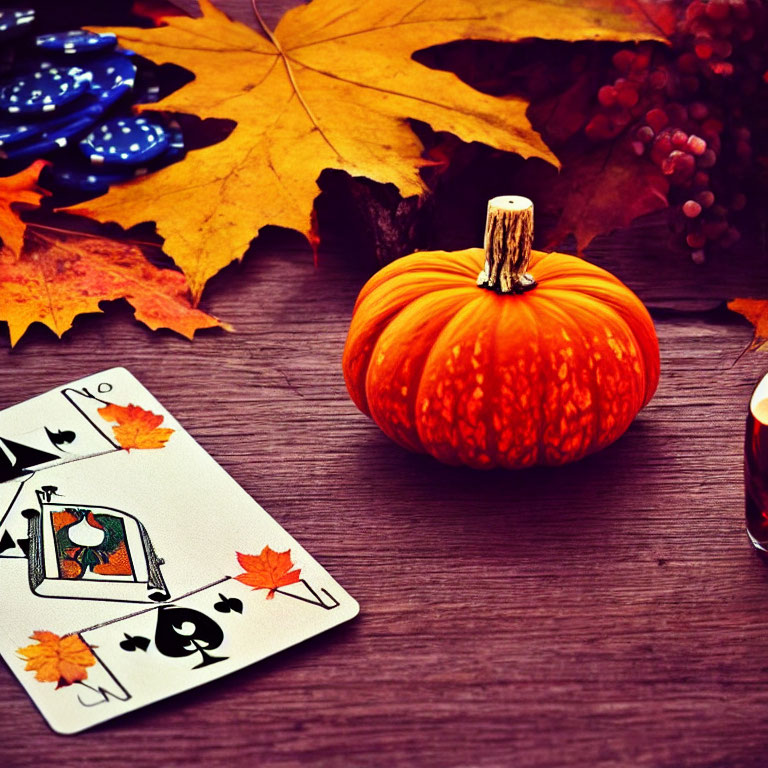 Colorful autumn still life with pumpkin, leaves, cards, and candle