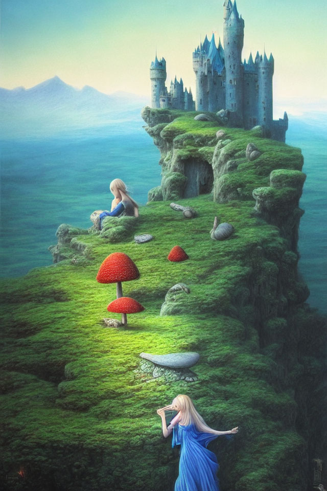 Fantastical landscape with two women, giant mushrooms, and distant castle.