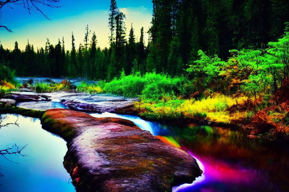 Colorful River Landscape with Pink and Blue Reflections Amid Twilight Sky