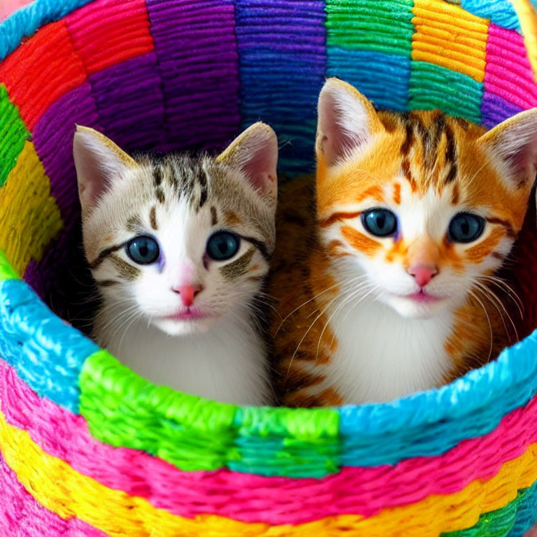 Adorable Kittens with Blue Eyes in Colorful Basket