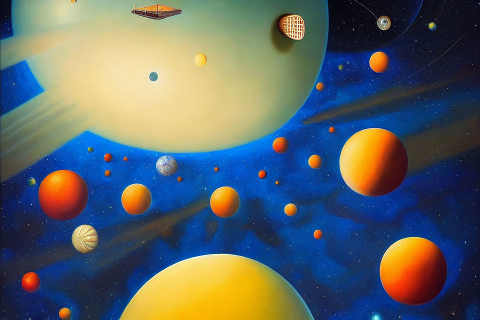 Colorful Surreal Cosmic Scene with Planets and Moons against Starry Sky