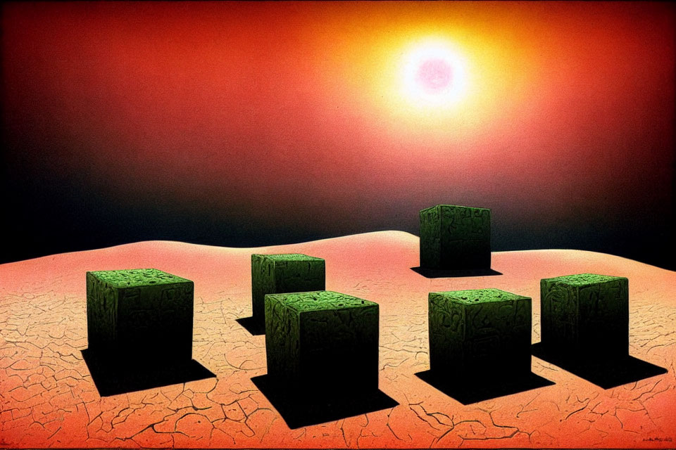 Five green cubes with intricate designs on cracked desert landscape under large glowing sun in red sky