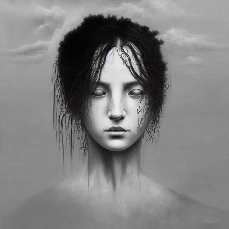 Portrait of a person with wet shoulder-length hair and solemn expression on gray background