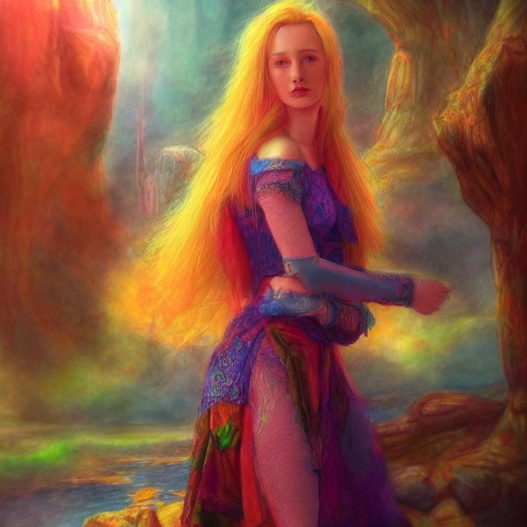 Fantasy painting of woman with yellow hair in purple gown in ethereal forest