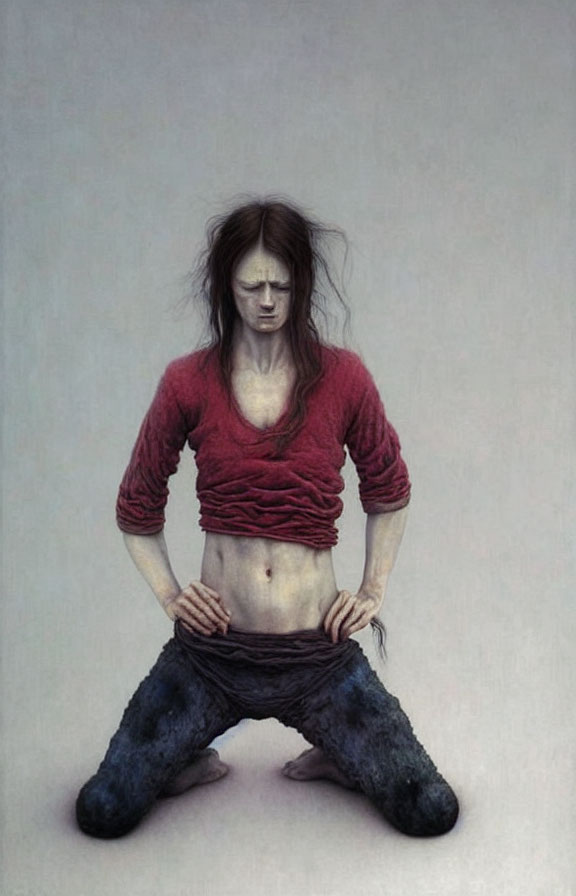 Figure in Red Cropped Top and Dark Pants Sitting Hunched Over