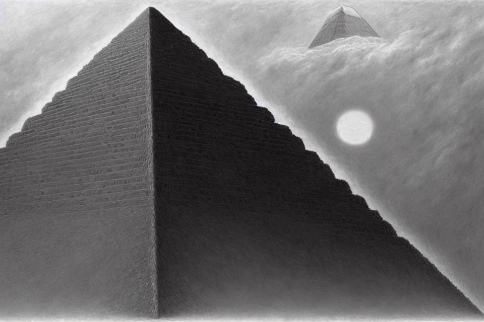 Detailed pencil drawing of two pyramids under a cloudy sky.