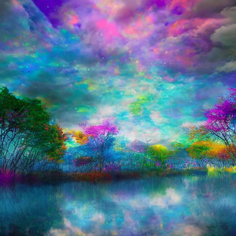 Colorful surreal landscape with reflective water and vibrant sky