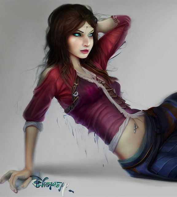 Stylized digital artwork of female character with blue eyes and brown hair in red top and blue jeans