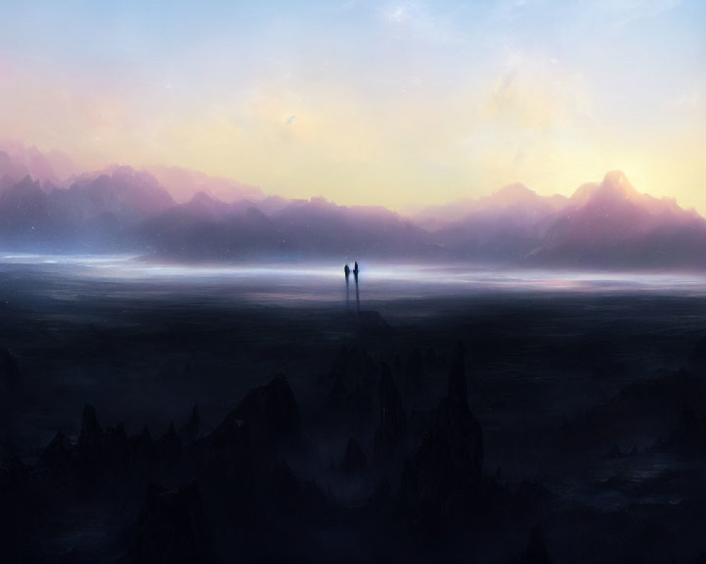 Silhouetted figures in vast twilight landscape with mountains & reflective surface