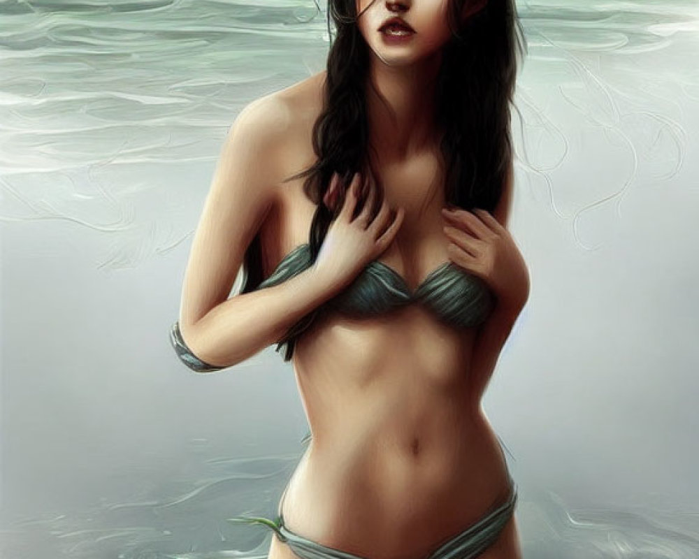 Digital artwork: Woman in bikini standing in water under overcast skies