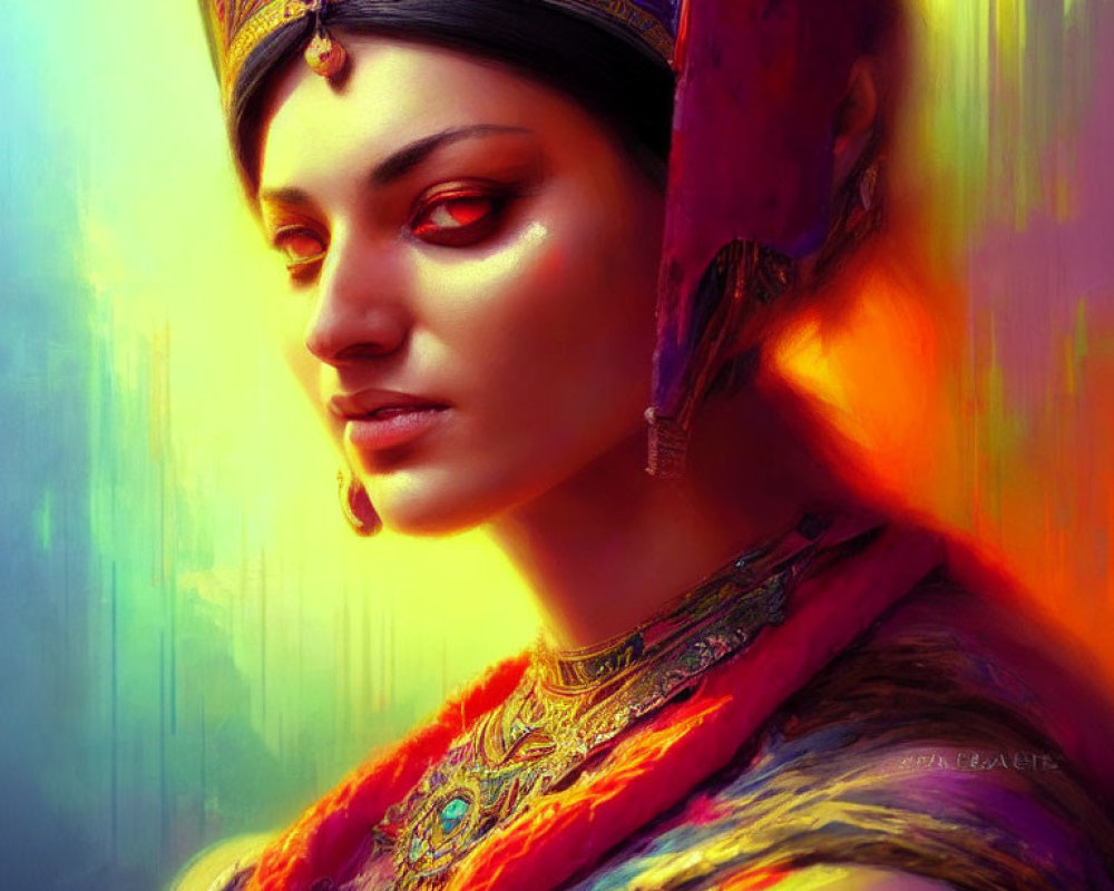 Vibrant digital art portrait of a woman with red eyes and ornate headdress