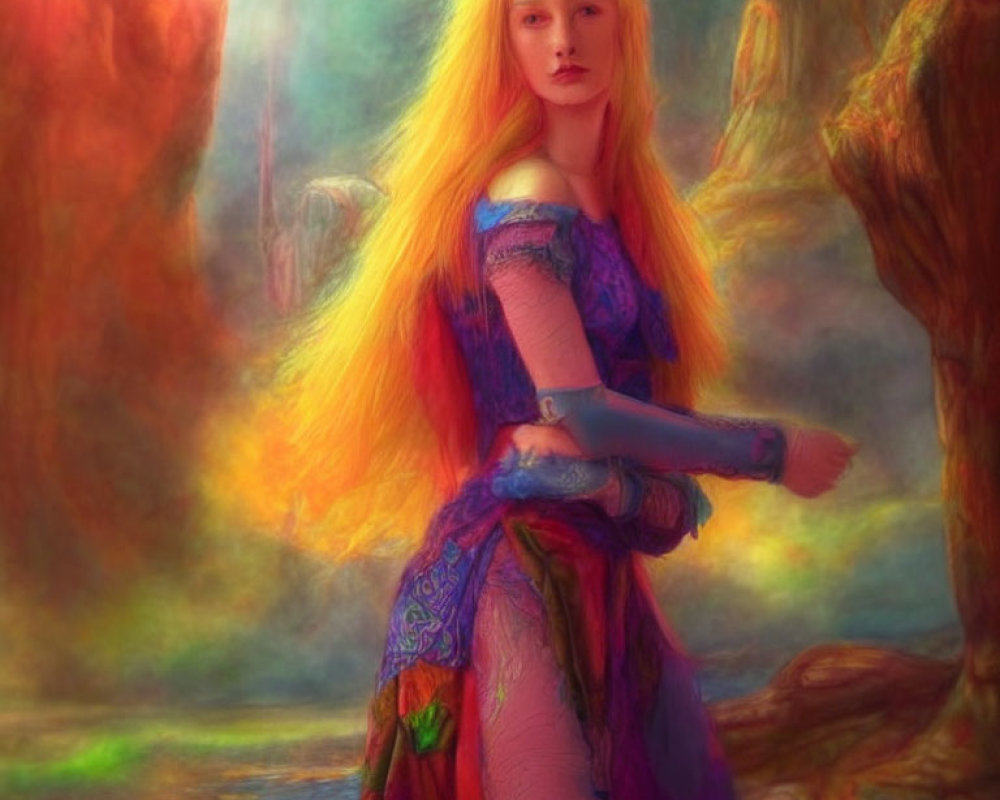 Fantasy painting of woman with yellow hair in purple gown in ethereal forest