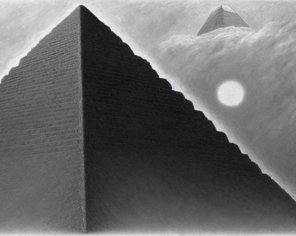 Detailed pencil drawing of two pyramids under a cloudy sky.