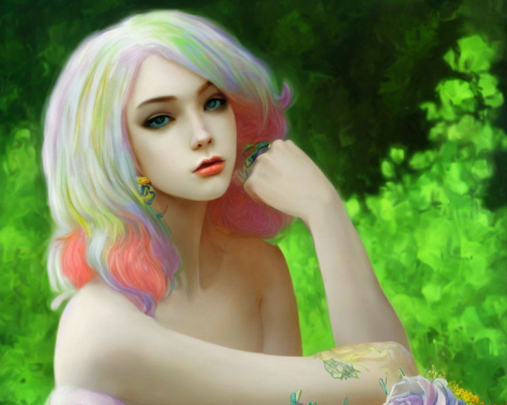 Vivid makeup and pastel hair portrait in lush green setting