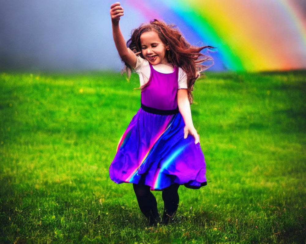 Young girl in colorful dress playing on grassy field with rainbow.