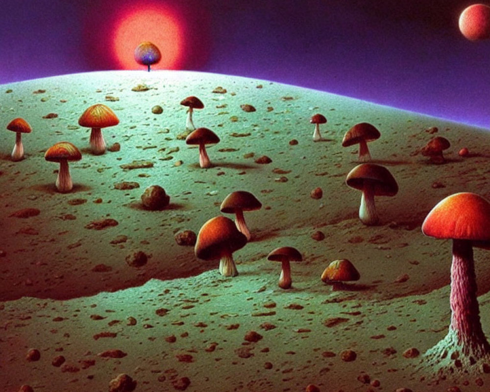 Surreal landscape featuring oversized mushrooms under a purple sky with multiple reddish celestial bodies