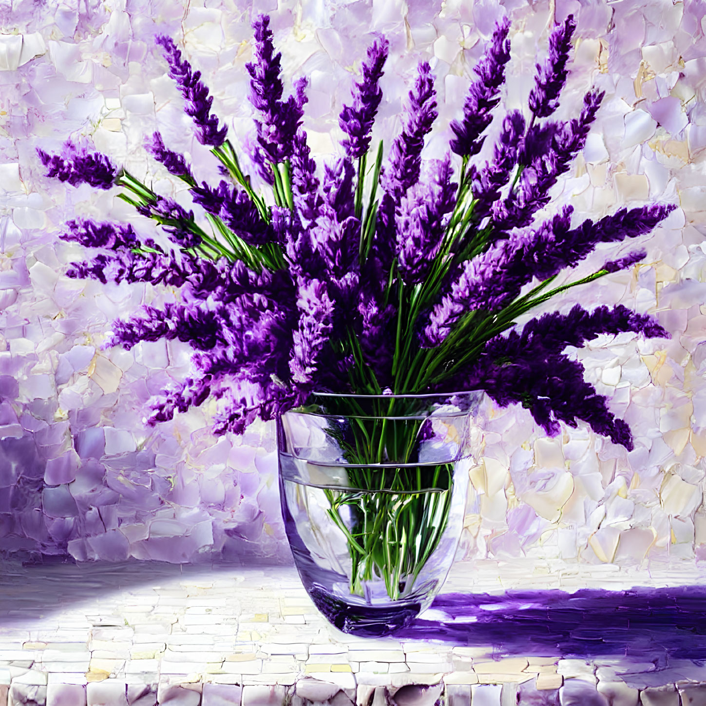 Purple Lavender Bouquet in Clear Glass Vase on Textured Background