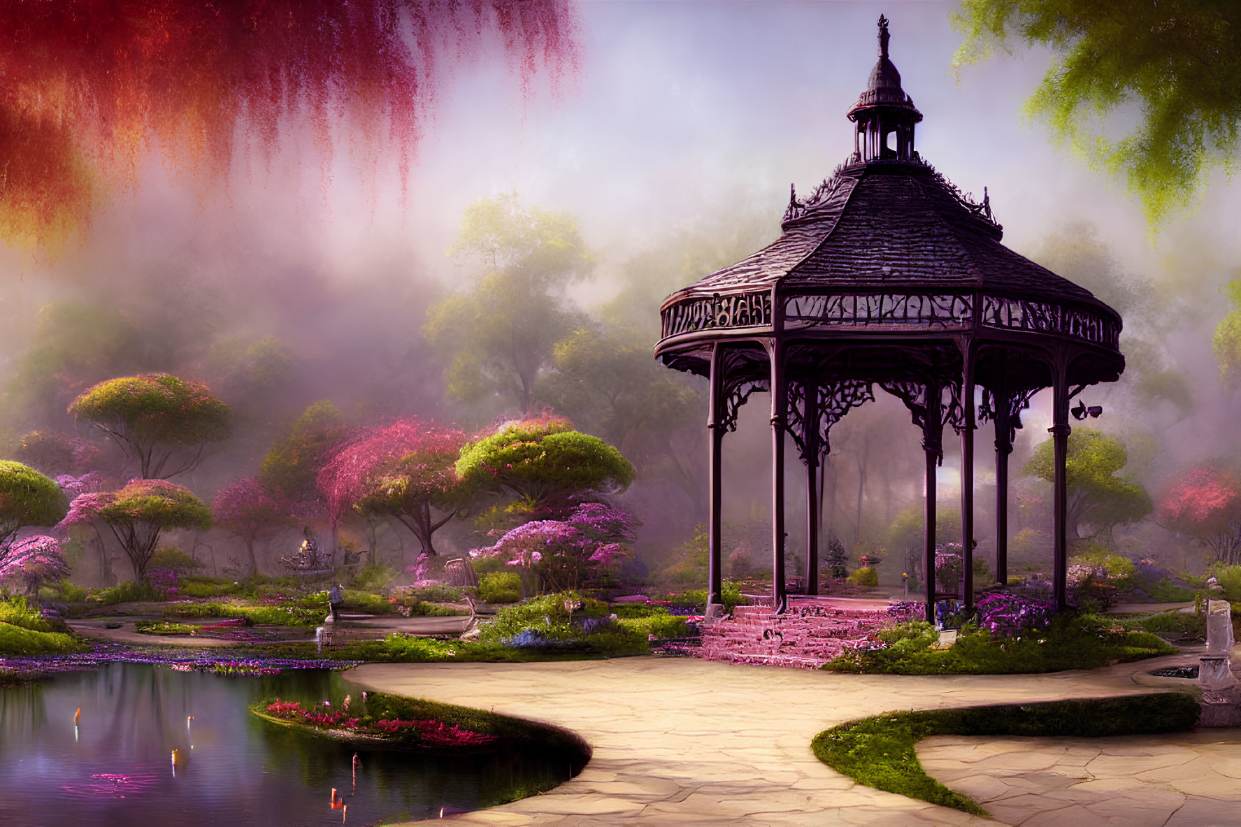 Victorian-style gazebo in serene garden with lush trees, pink blossoms, pond, stone pathway