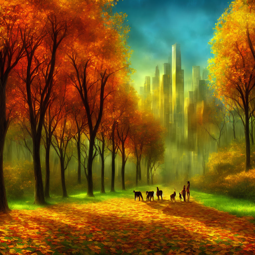 Colorful autumn park scene with people, dogs, and misty city skyline