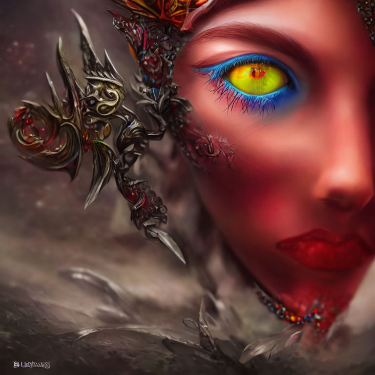 Fantastical female figure with vibrant multicolored eye and ornate headpiece.