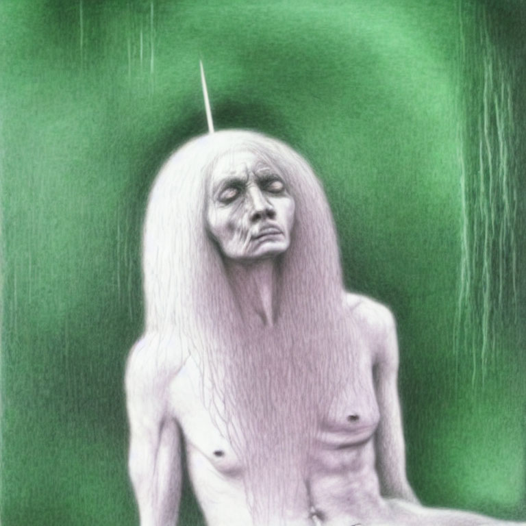 Surreal green-toned artwork of gaunt figure with single horn and long white hair