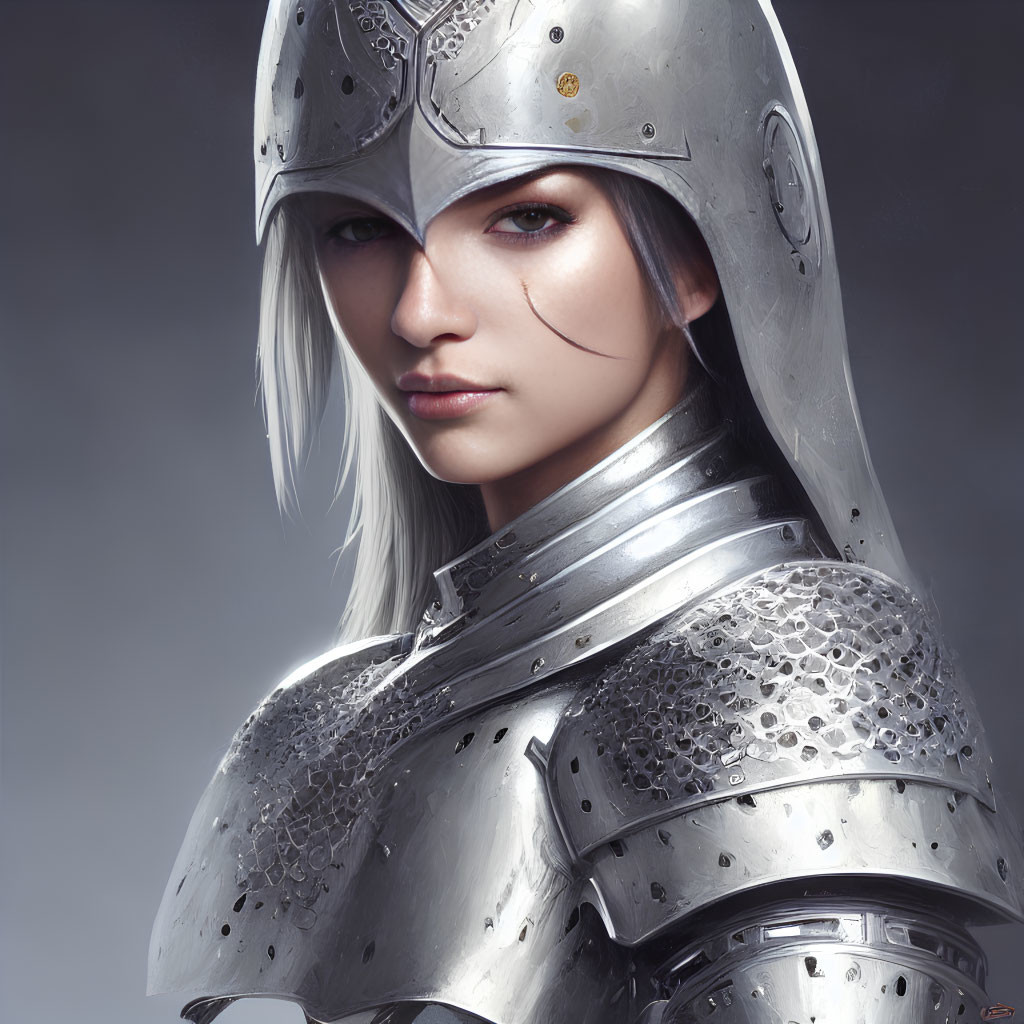 Digital artwork of pale-skinned woman in knight's armor with white hair.