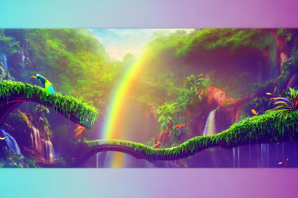 Colorful Jungle Scene with Waterfalls, Birds, Rainbow, and Greenery