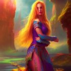 Fantasy painting of woman with yellow hair in purple gown in ethereal forest