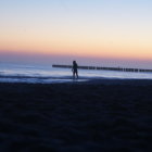 Silhouetted figures in vast twilight landscape with mountains & reflective surface