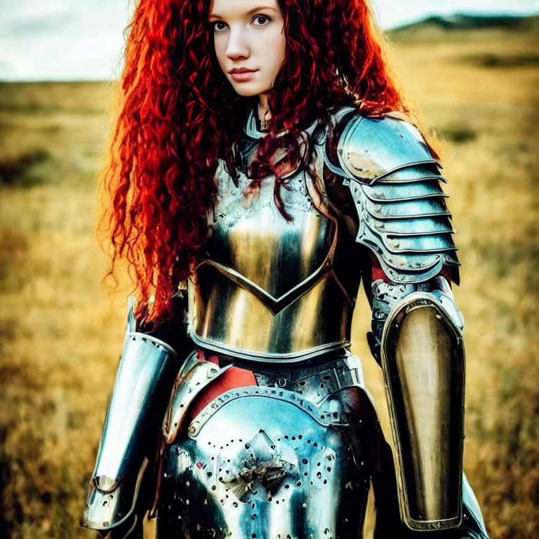 Curly Red-Haired Woman in Medieval Plate Armor Stands in Field