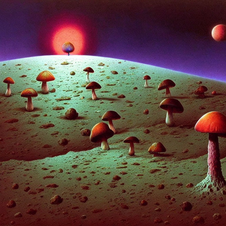 Surreal landscape featuring oversized mushrooms under a purple sky with multiple reddish celestial bodies