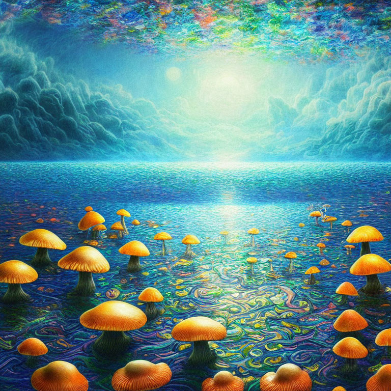 Fantastical landscape with golden mushrooms near serene blue lake