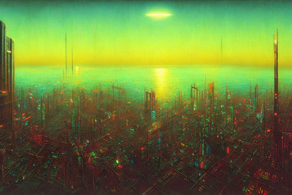 Futuristic cityscape: towering skyscrapers, neon lights, ocean view