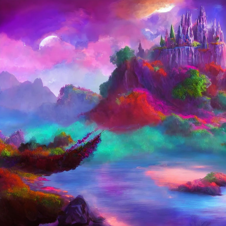 Fantasy landscape with castle, lush vegetation, reflective water, purple sky