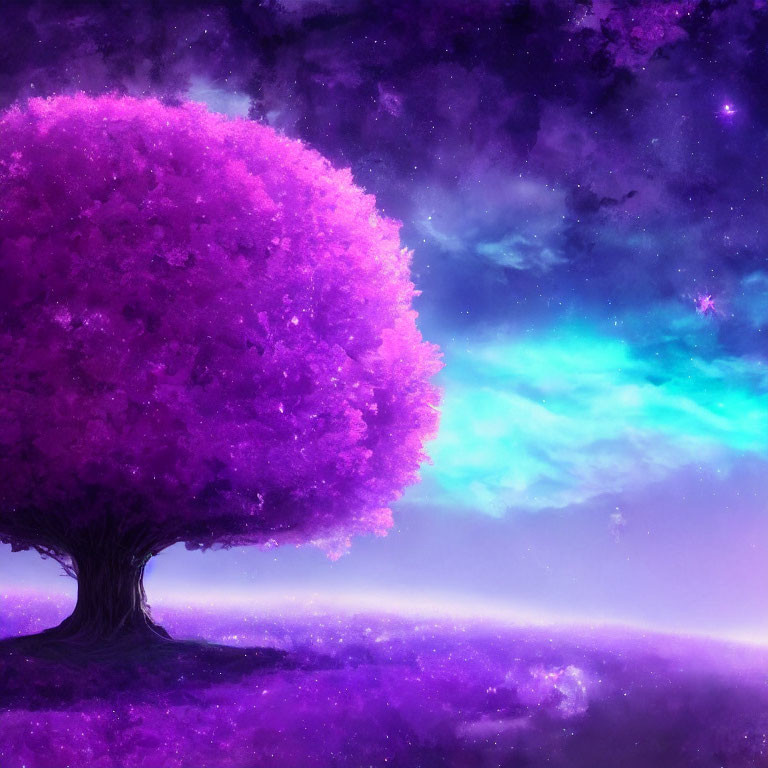 Vibrant digital artwork: Luminous magenta tree in cosmic nebula