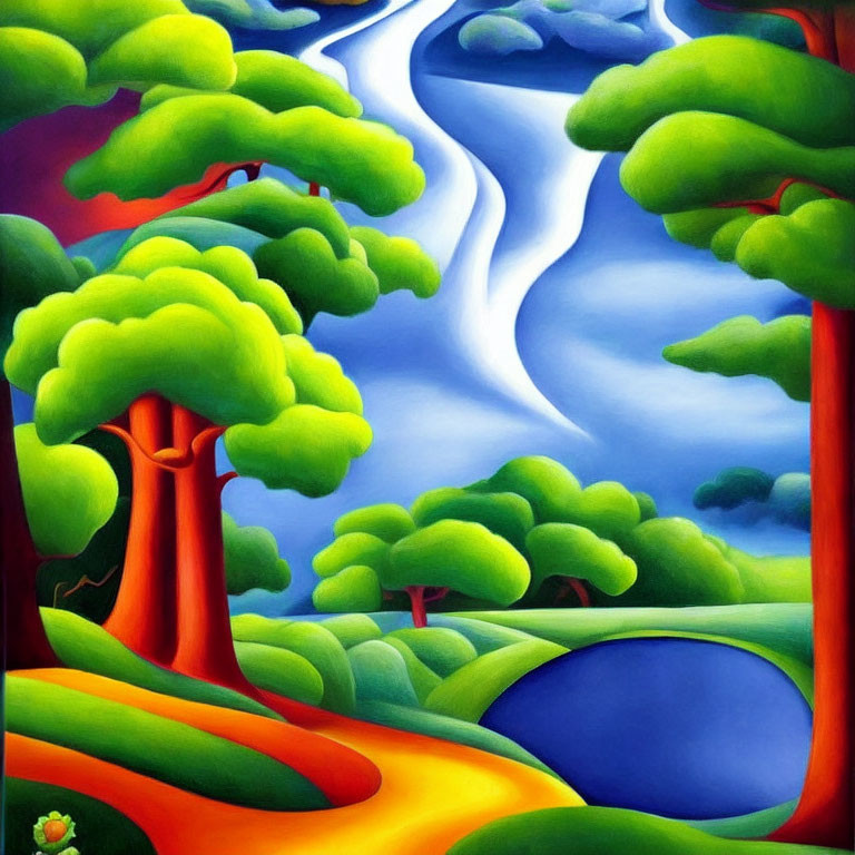 Colorful painting of curvy trees, river, and hills under blue sky