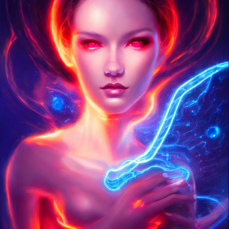 Digital artwork: Woman with glowing red skin and neon blue eyes holding luminous blue object on red and