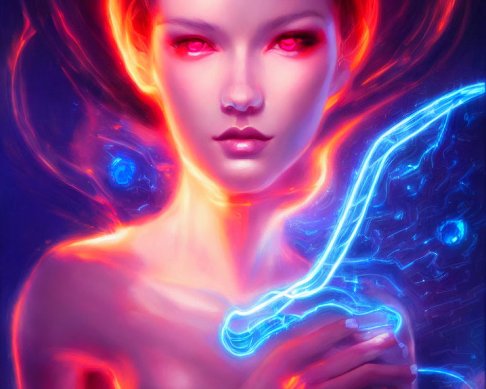 Digital artwork: Woman with glowing red skin and neon blue eyes holding luminous blue object on red and