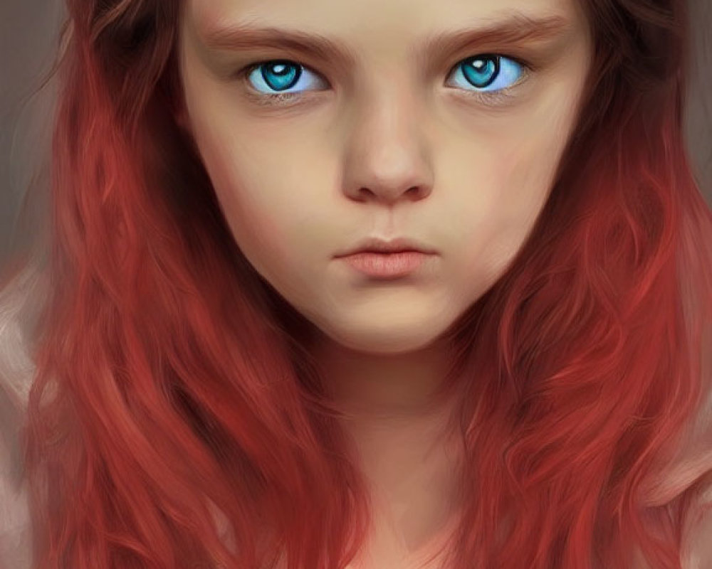 Young girl with blue eyes & red hair in white outfit: Digital portrait