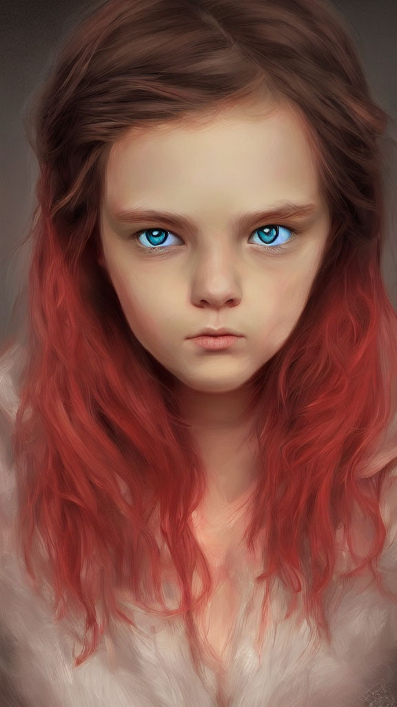 Young girl with blue eyes & red hair in white outfit: Digital portrait