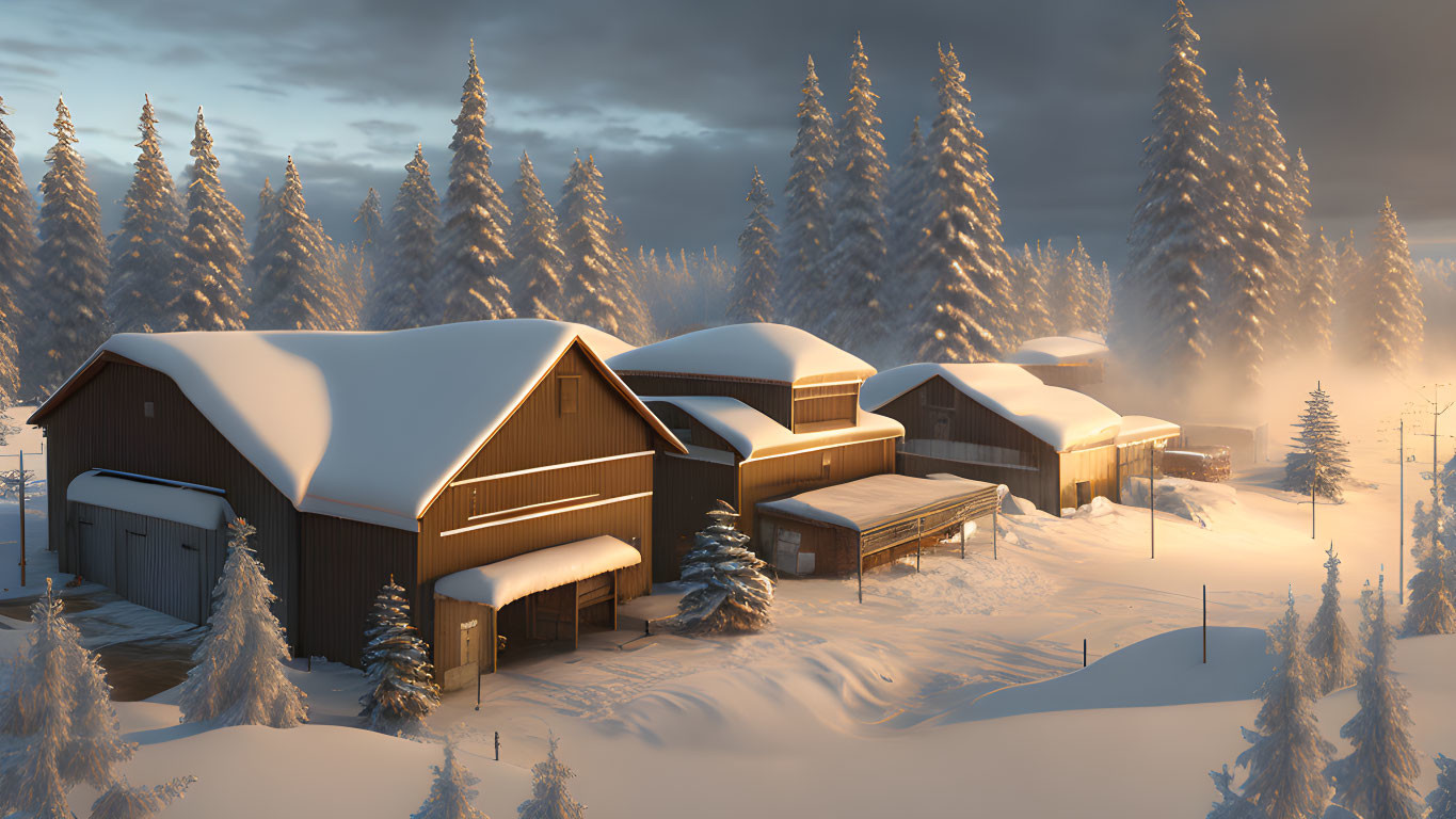 Snow-covered barns and pine trees at sunset in warm golden light.