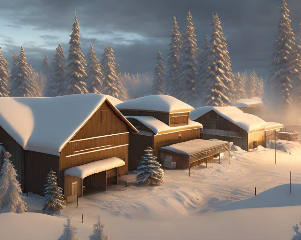 Snow-covered barns and pine trees at sunset in warm golden light.