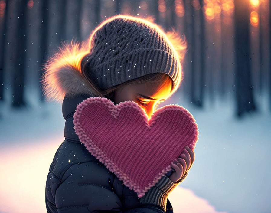 Child in winter hat and coat hugging knitted heart in snowy forest at dusk