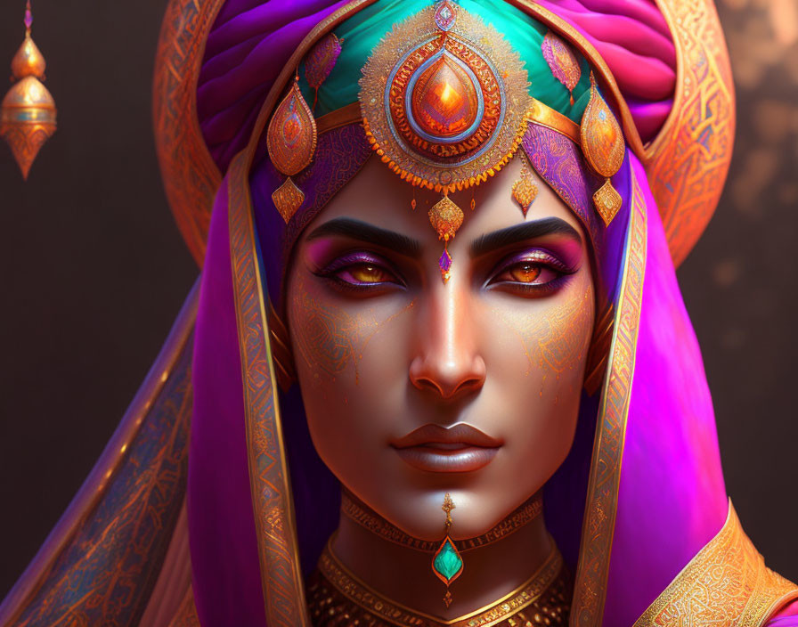 Vibrant digital art portrait of a woman in Indian attire