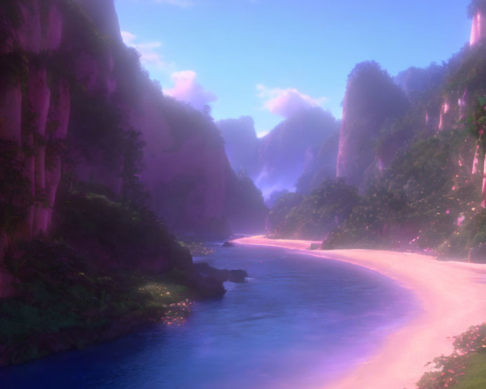 Tranquil river on pink sand beach with green cliffs under purple sky