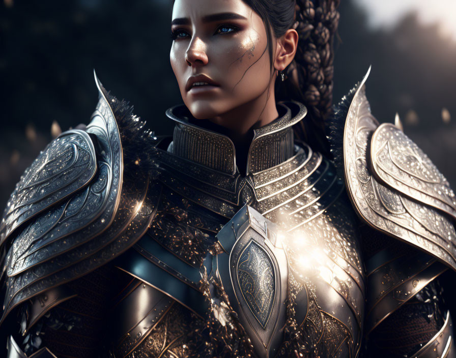 Female warrior in ornate armor with braided hair and intense gaze on blurred natural backdrop