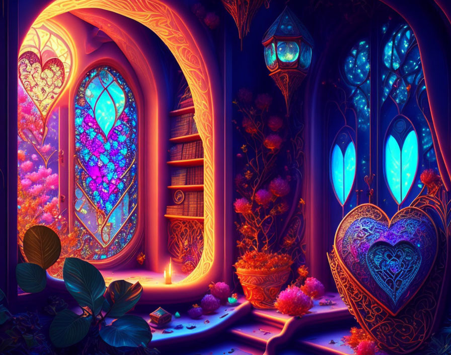 Fantasy room with ornate windows, glowing flowers, bookshelf, heart motifs in mystical blue and