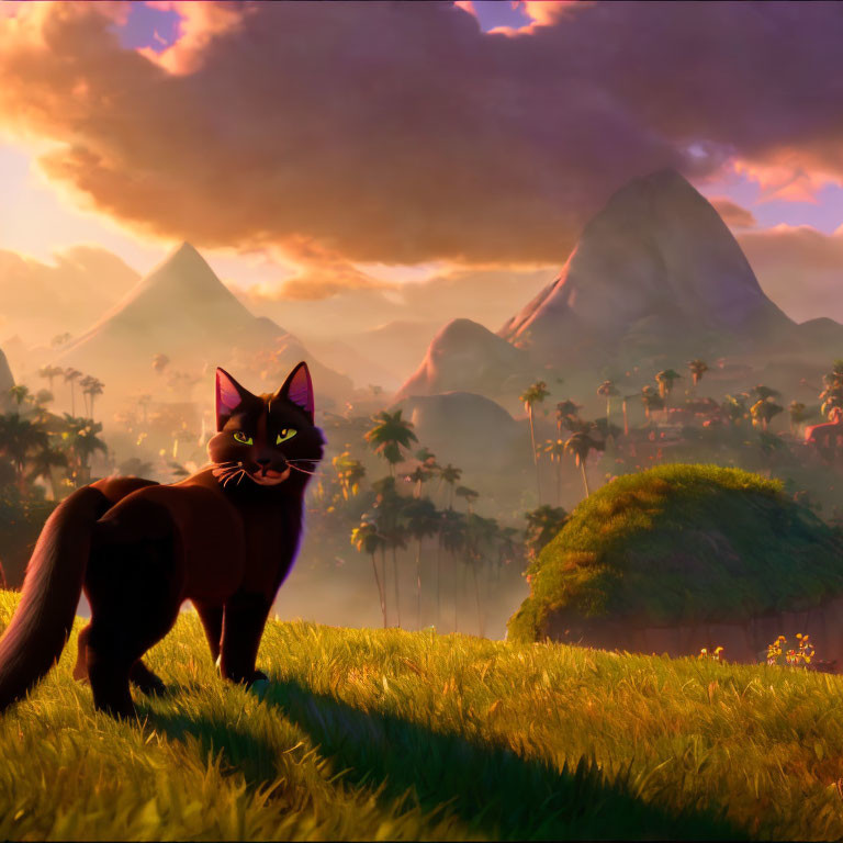 Black Cat in Vibrant Sunset Landscape with Mountains